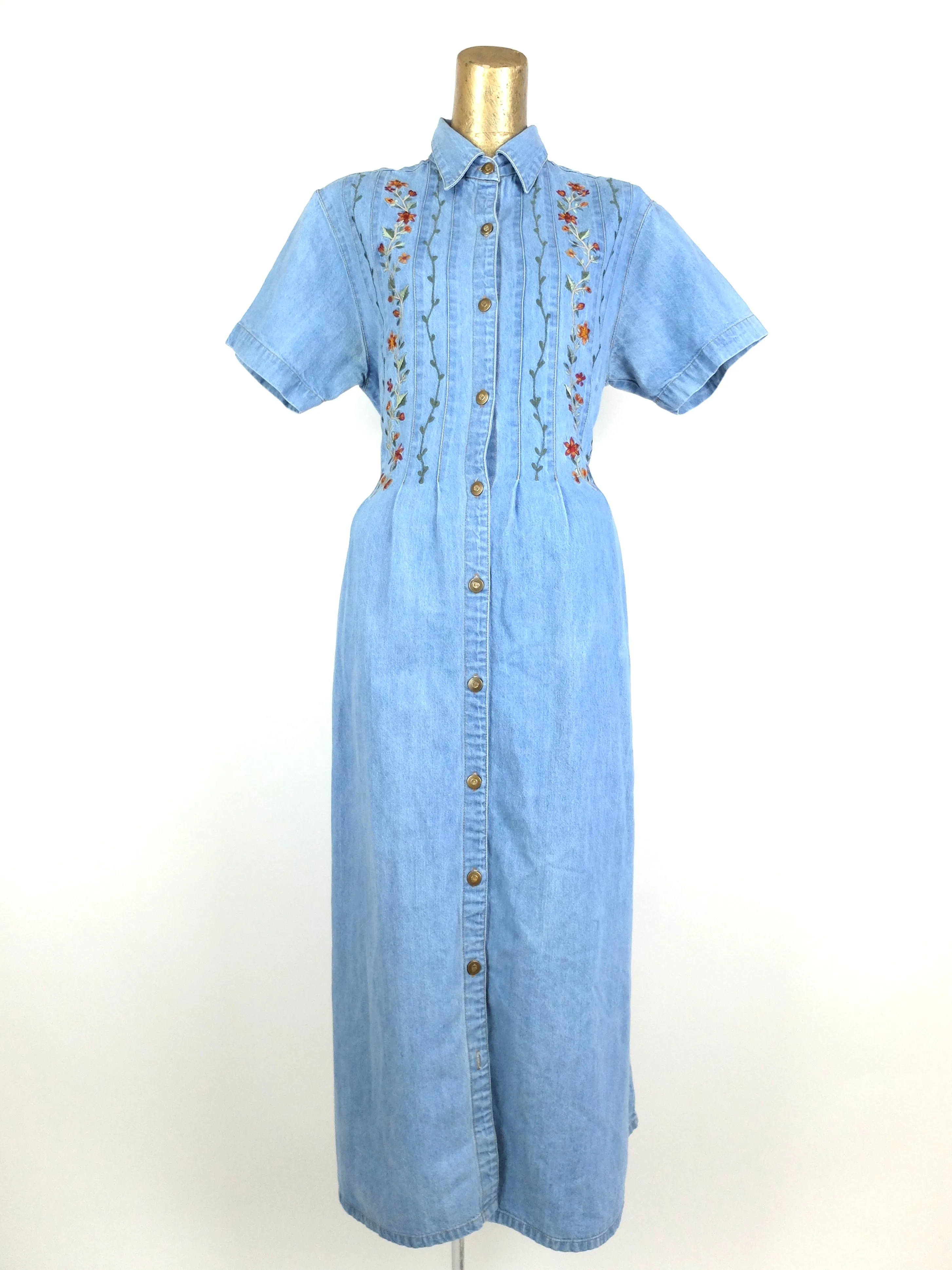 80s Prairie Bohemian Collared Short Sleeve Button Down Light Wash Denim Maxi Dress