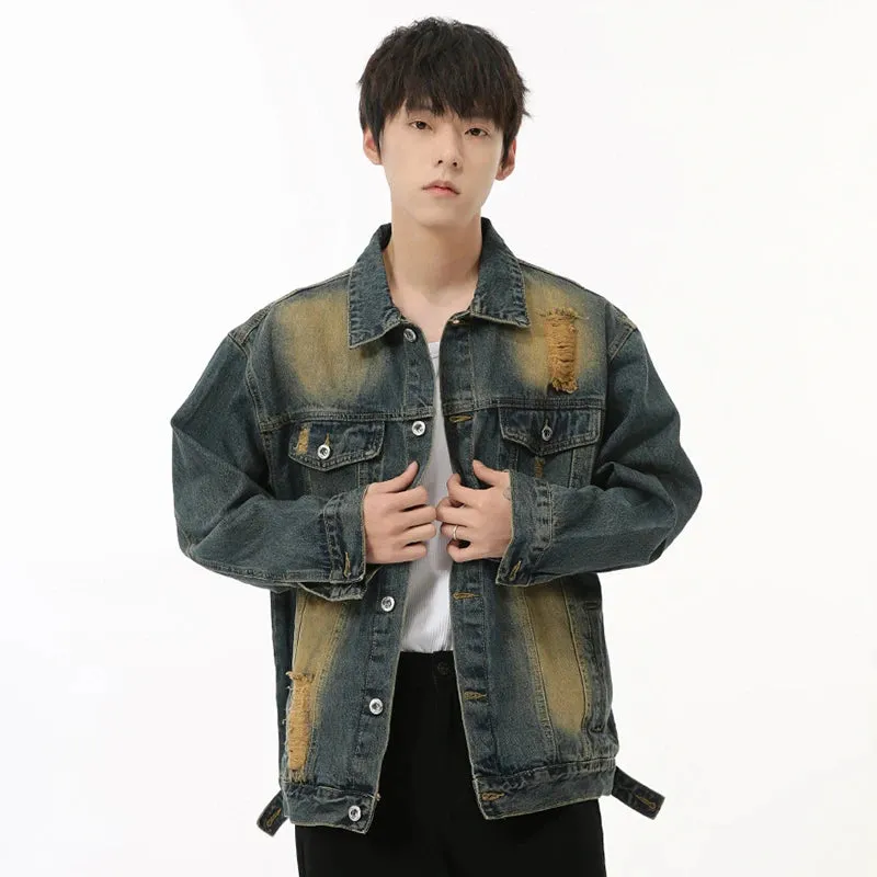 American Style Men's Denim Coats Hole Worn-out Contrast Color Tops Turn-down Collar Male Jackets New Trend Autumn 9C6830