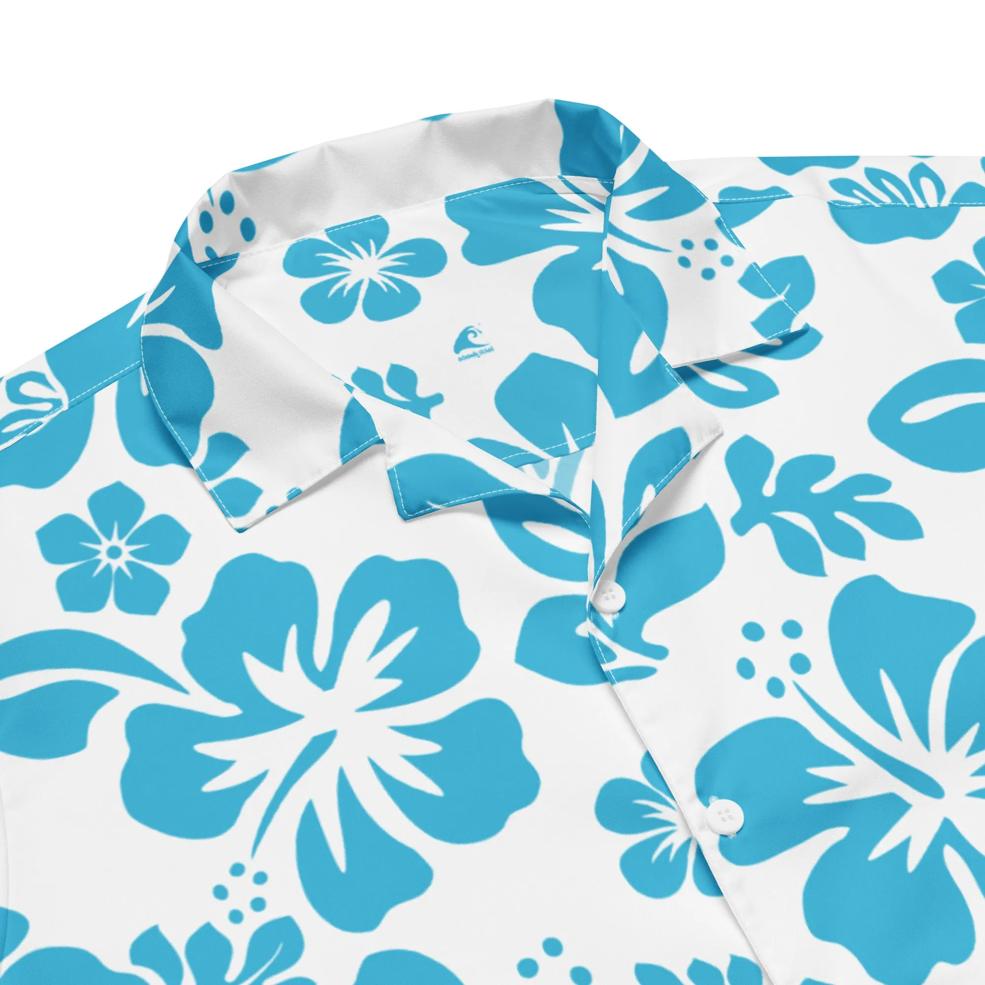 Aqua Blue and White Hawaiian Print Aloha Shirt