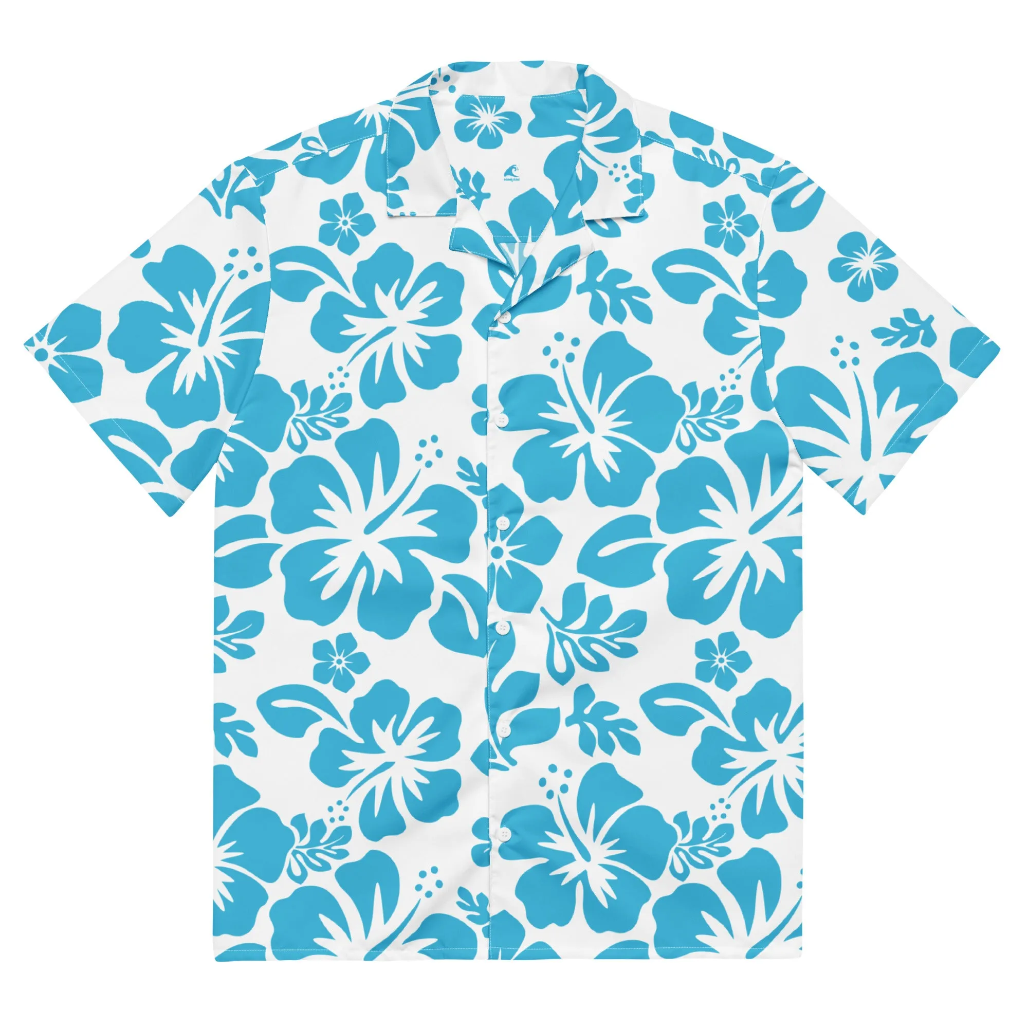 Aqua Blue and White Hawaiian Print Aloha Shirt