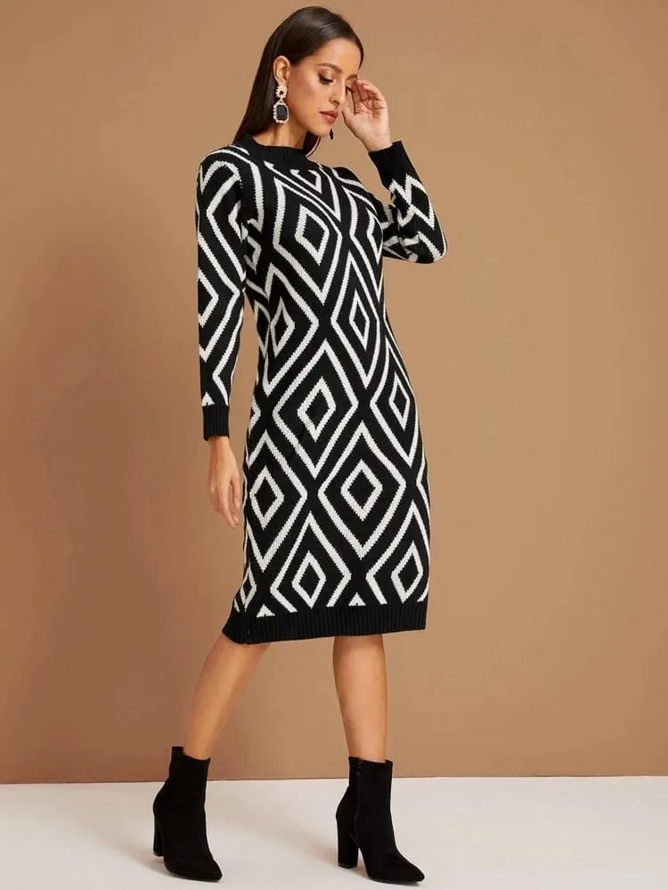 Argyle Print Crew Neck Sweater Dress