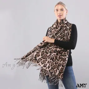 Autumn Winter Long Leopard Print Fringe Double-Sided Thick Warm Cozy Scarf