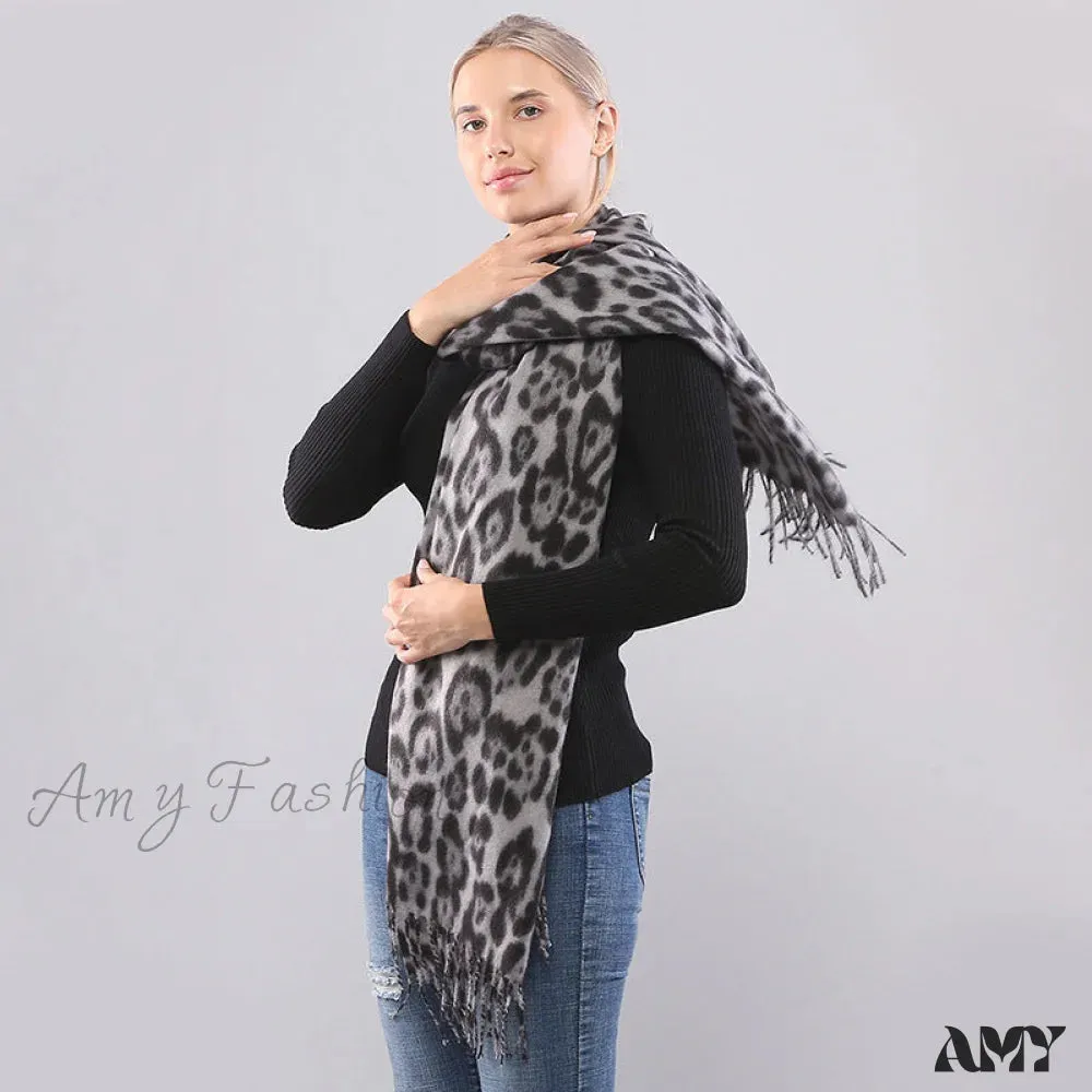 Autumn Winter Long Leopard Print Fringe Double-Sided Thick Warm Cozy Scarf