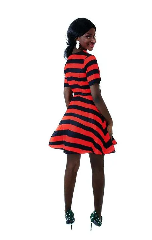 Black and red-orange horizontal stripe pleated chic skater cocktail dress- Doll Effect