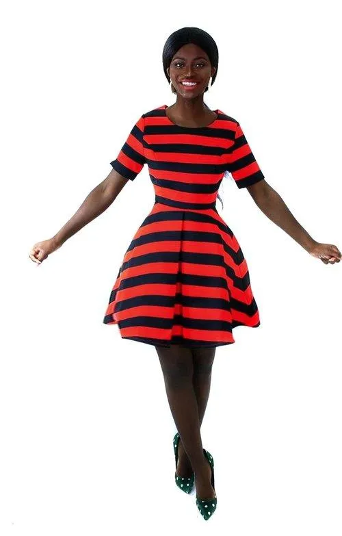 Black and red-orange horizontal stripe pleated chic skater cocktail dress- Doll Effect