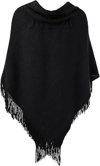 Black Knit Fringe Winter Poncho