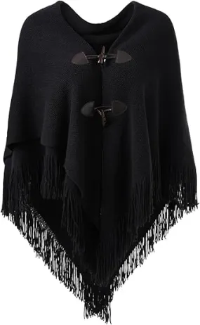 Black Knit Fringe Winter Poncho