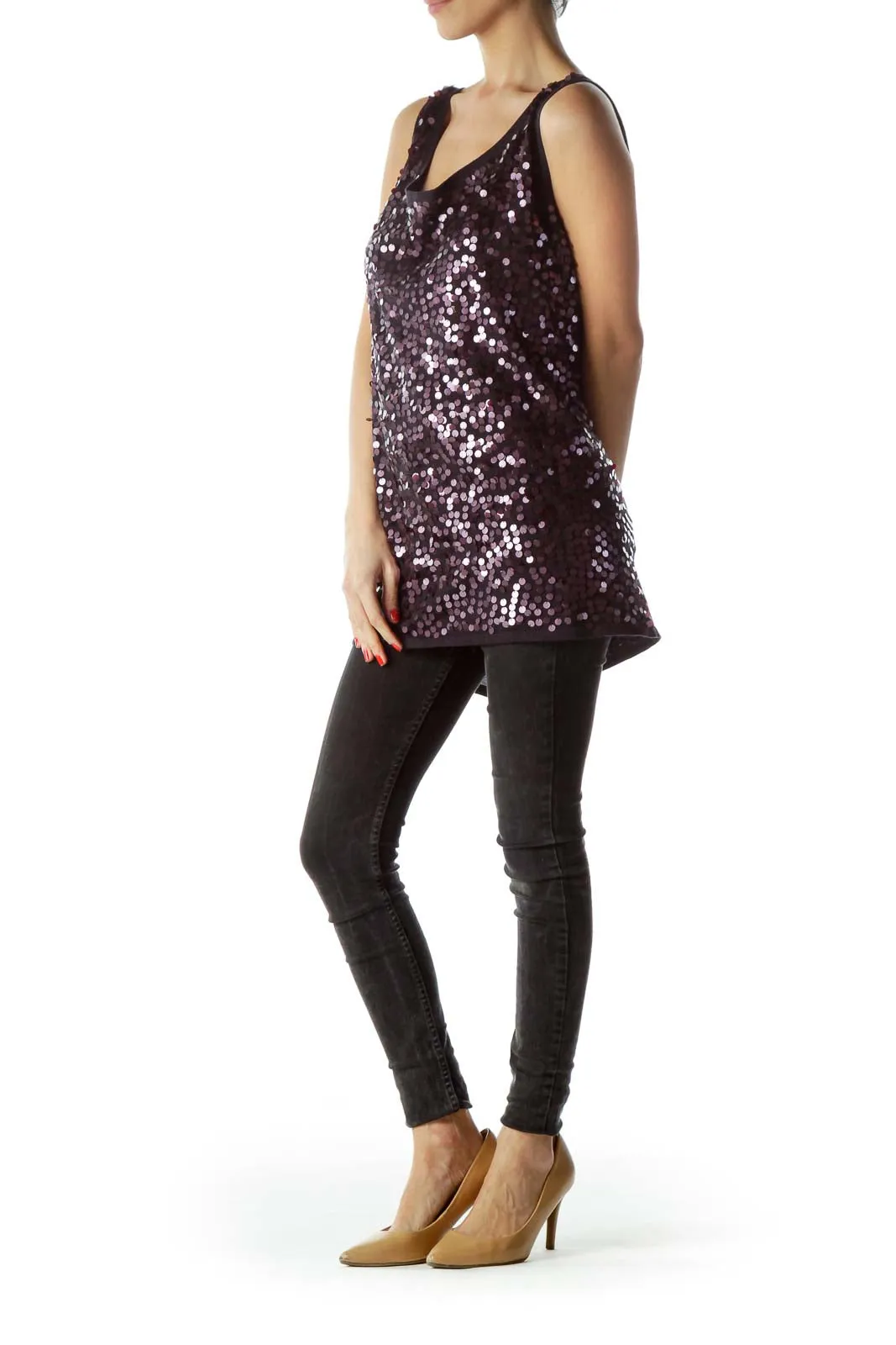 Black Purple Sequins Sleeveless Knit Top