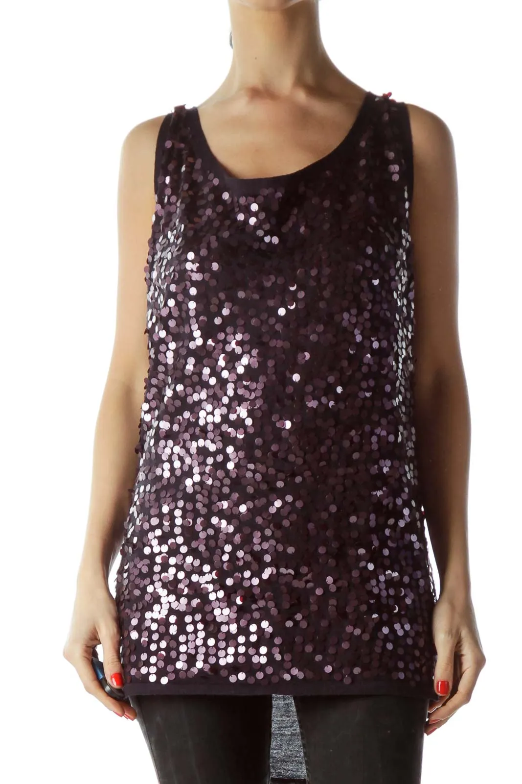 Black Purple Sequins Sleeveless Knit Top