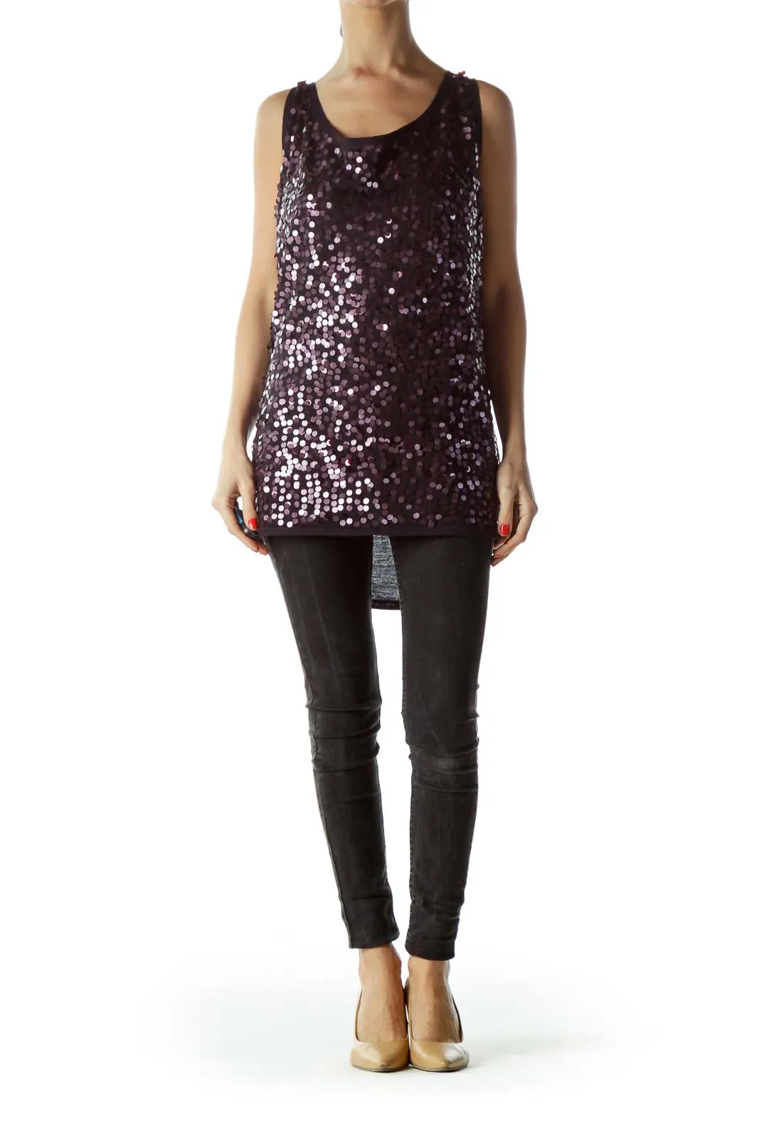 Black Purple Sequins Sleeveless Knit Top