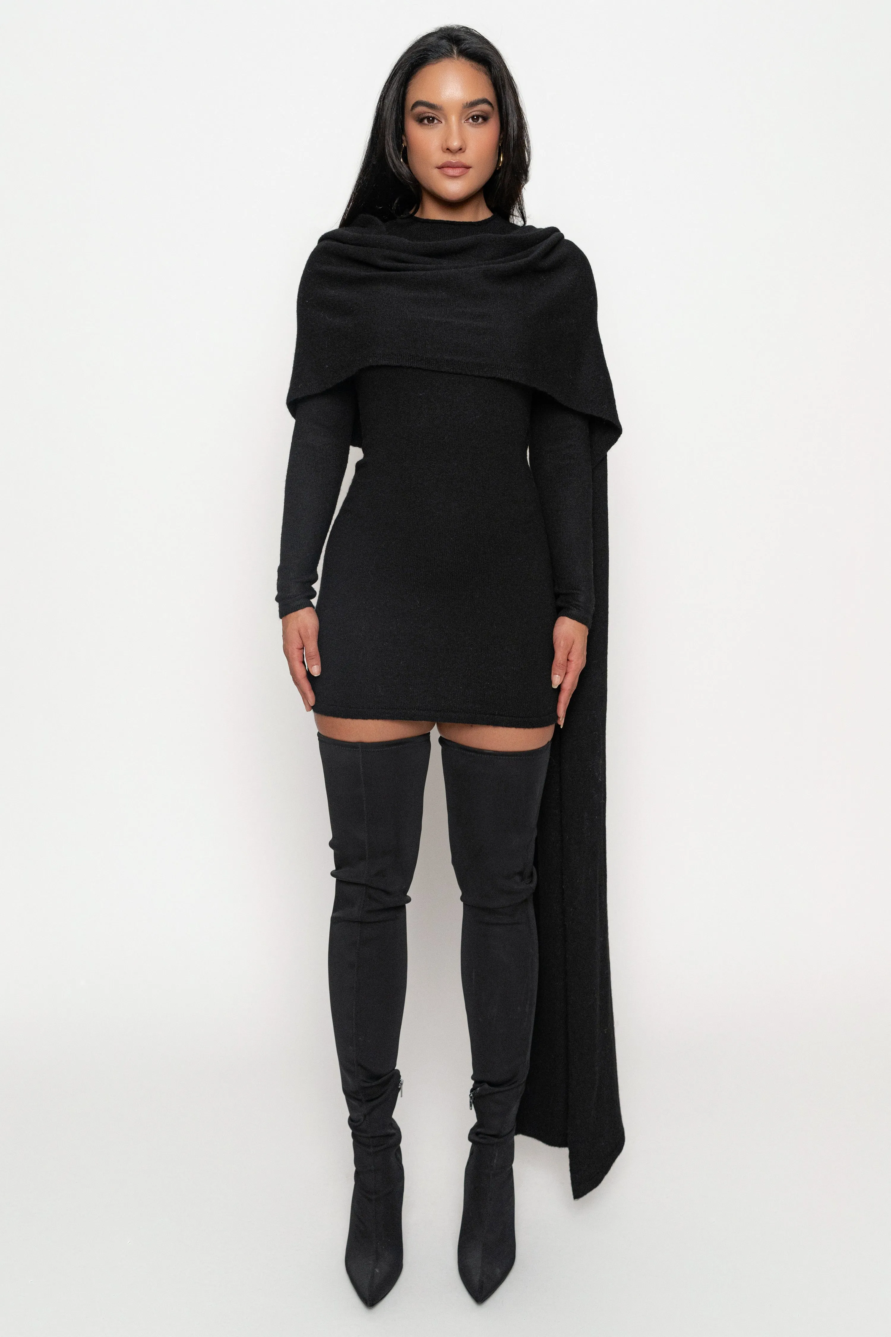 Black Scarf Draped Mini Dress