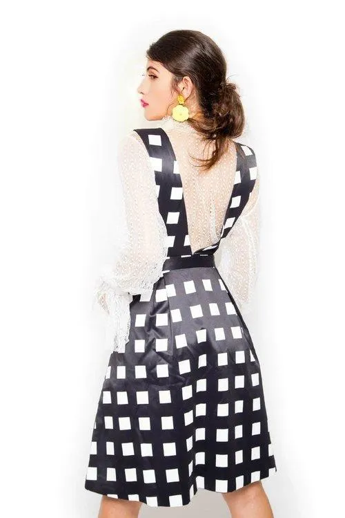 blue black and white print bold checkers deep v-cut pinafore dress-Yelin