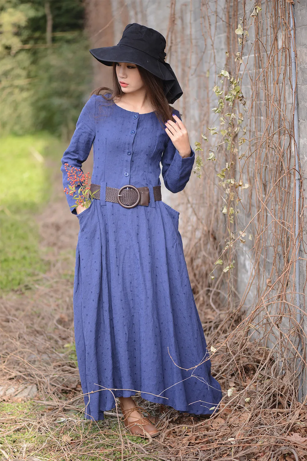 Blue long linen dress with long sleeves in cusual style with pockets dress C1563