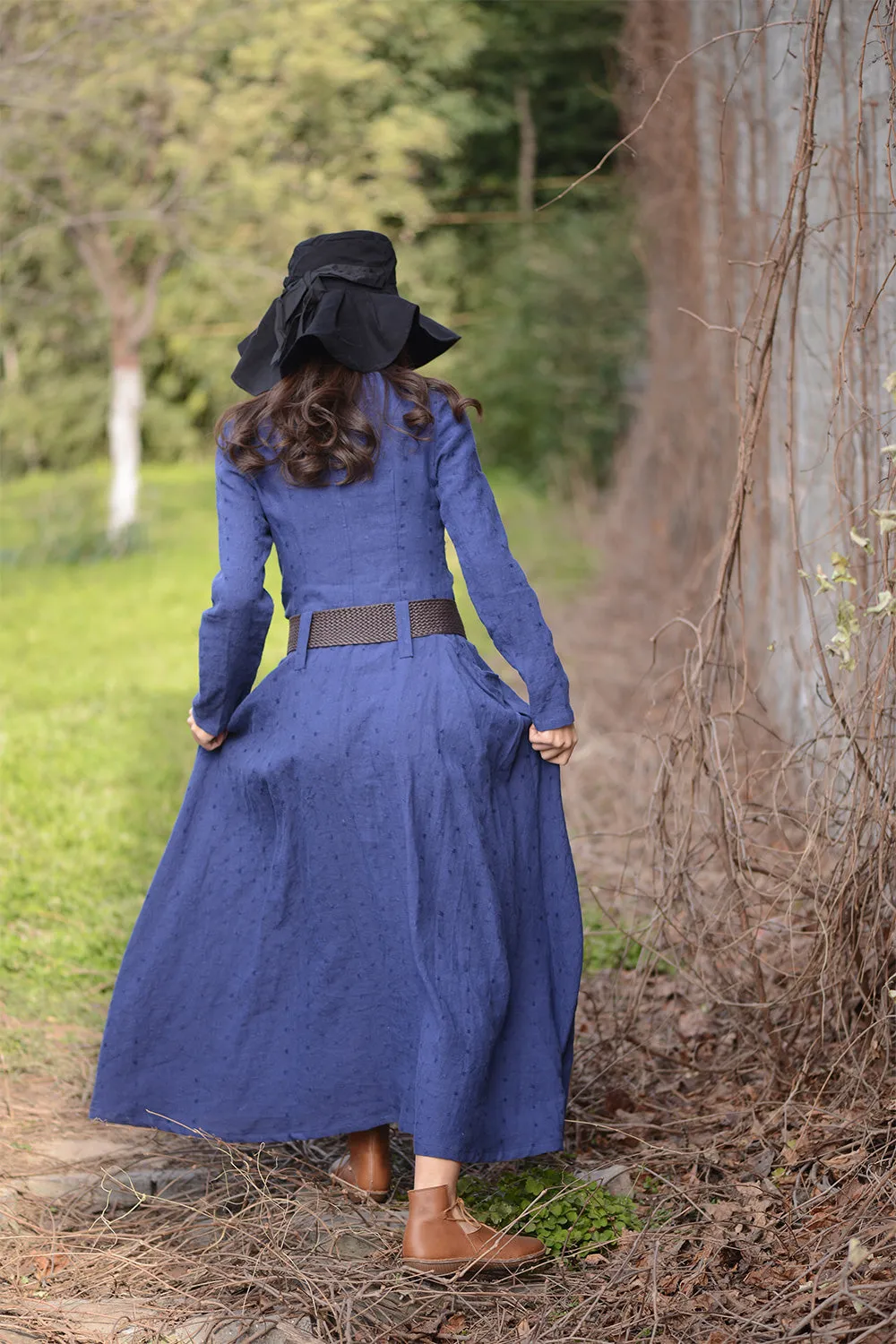 Blue long linen dress with long sleeves in cusual style with pockets dress C1563