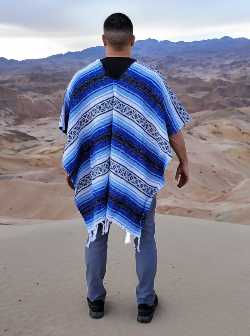 Blue Mexican Poncho | Serape Striped Poncho