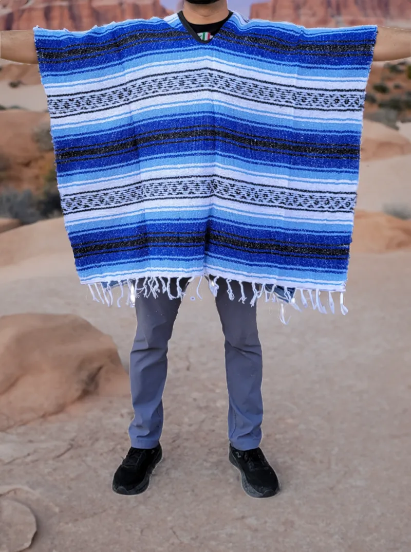 Blue Mexican Poncho | Serape Striped Poncho