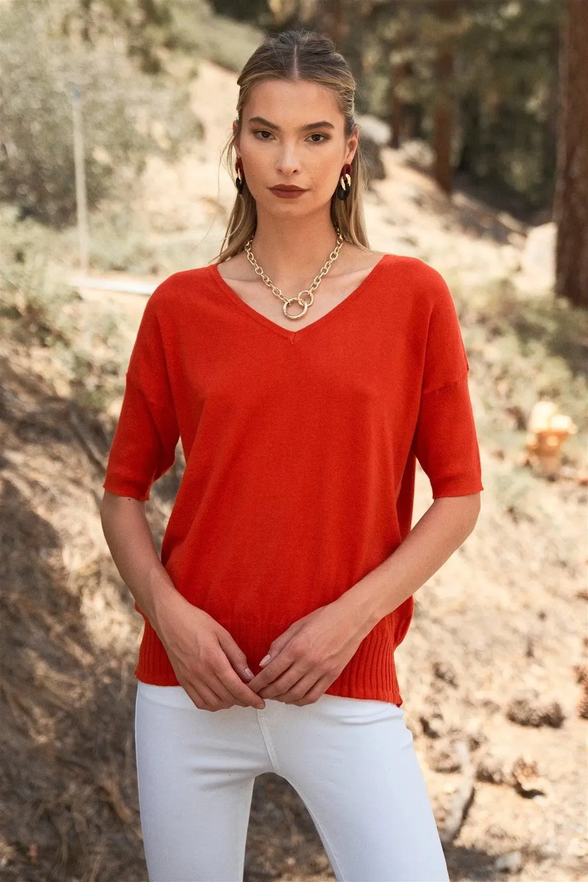 Bright Red V-Neck Short Sleeve Loose Fit Rib Hem Knit Top /1-2-2-1-1