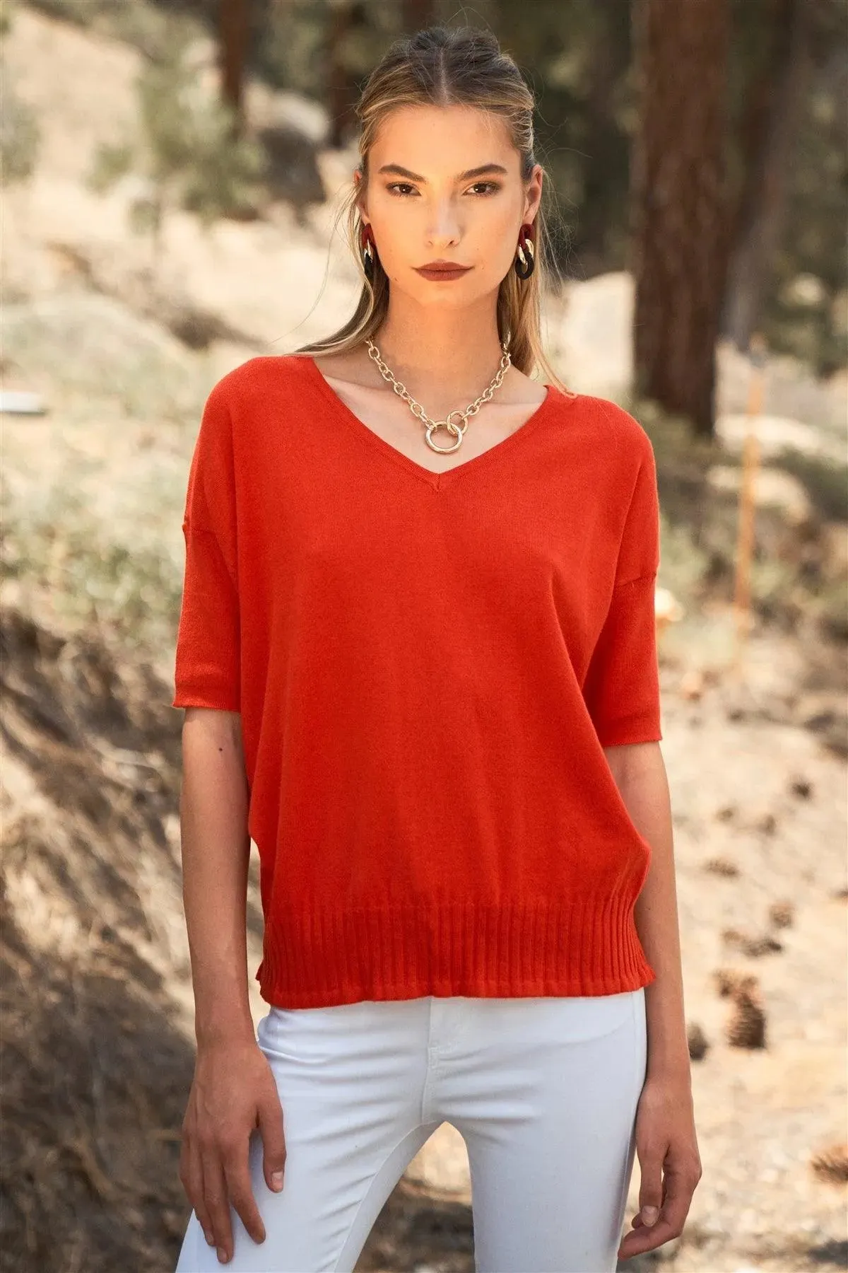 Bright Red V-Neck Short Sleeve Loose Fit Rib Hem Knit Top /1-2-2-1-1