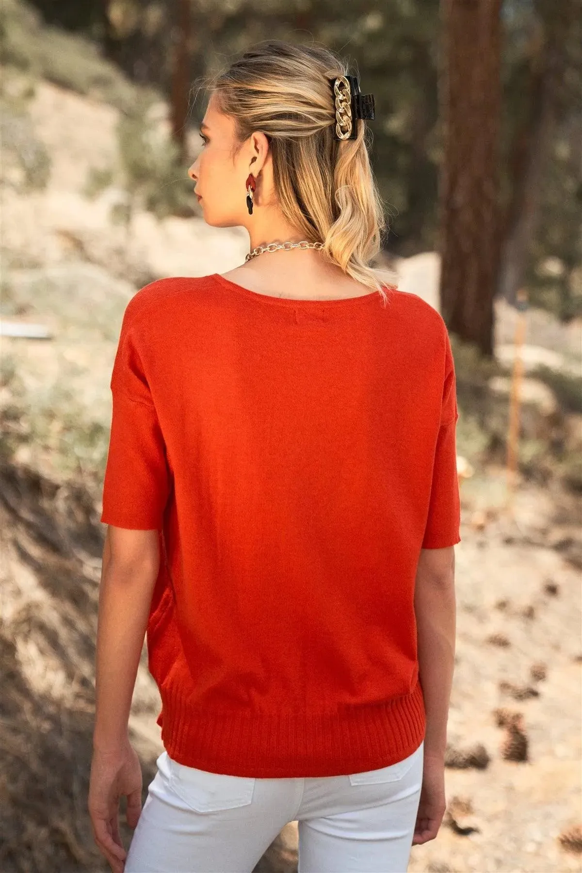 Bright Red V-Neck Short Sleeve Loose Fit Rib Hem Knit Top /1-2-2-1-1