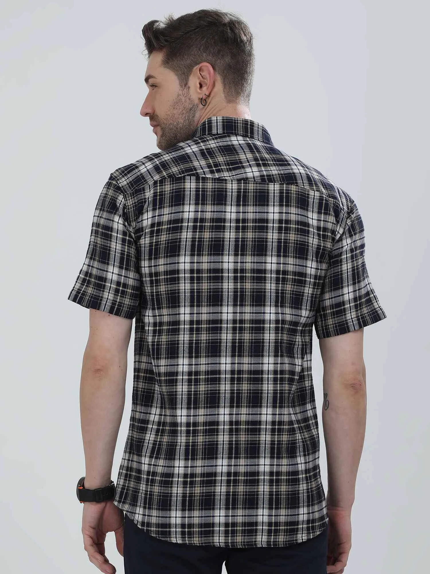 Brown on White Checkered Cotton Half Shirt