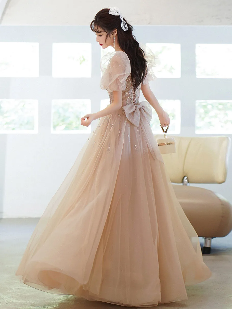 Champagne Tulle Beads Long Prom Dress, Champagne Evening Dress