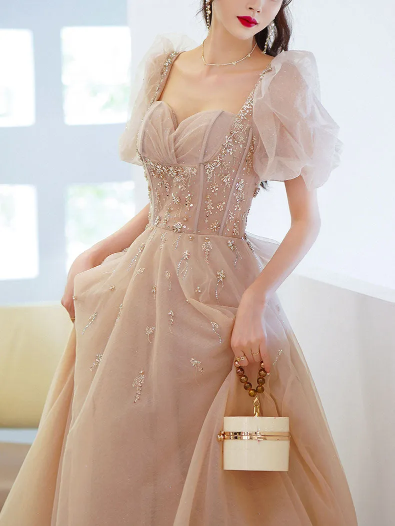 Champagne Tulle Beads Long Prom Dress, Champagne Evening Dress