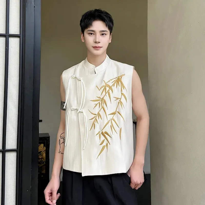 Chinese Style Waistcoat Men's Summer Embroidery Stand Collar Knot Button Vest Sleeveless Tank Top Male Chic 9C5841