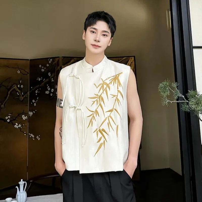 Chinese Style Waistcoat Men's Summer Embroidery Stand Collar Knot Button Vest Sleeveless Tank Top Male Chic 9C5841