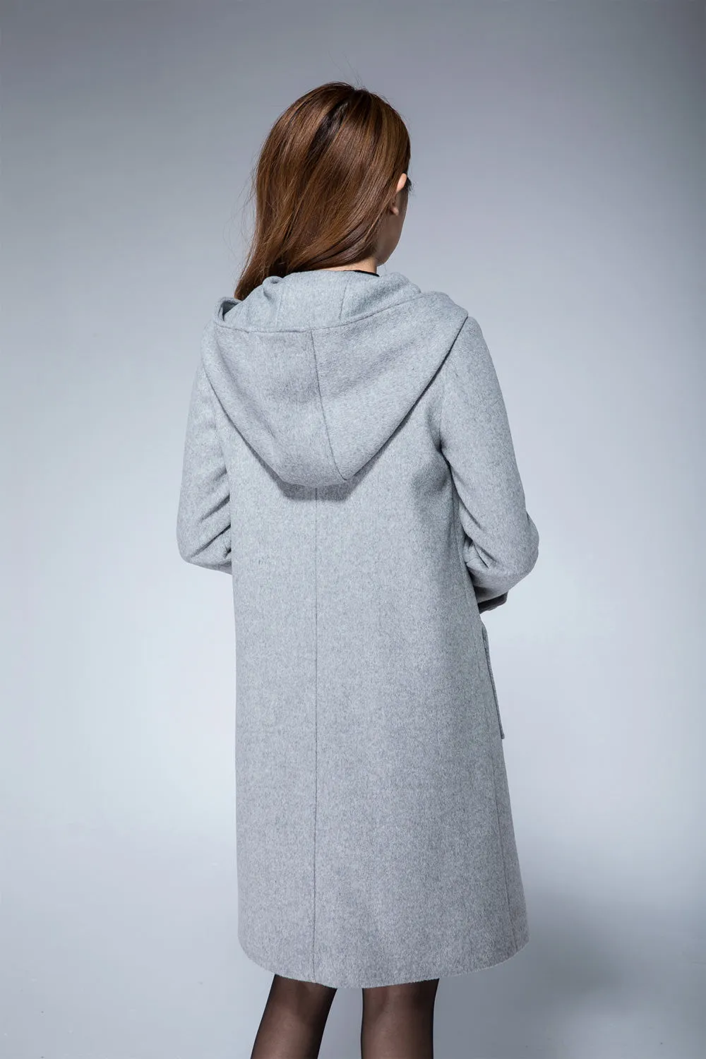 coat jacket, gray coat, wool coat, A line coat, hooded coat, ladies coat, winter coat 1865#