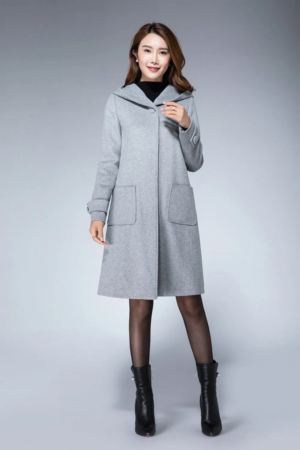 coat jacket, gray coat, wool coat, A line coat, hooded coat, ladies coat, winter coat 1865#