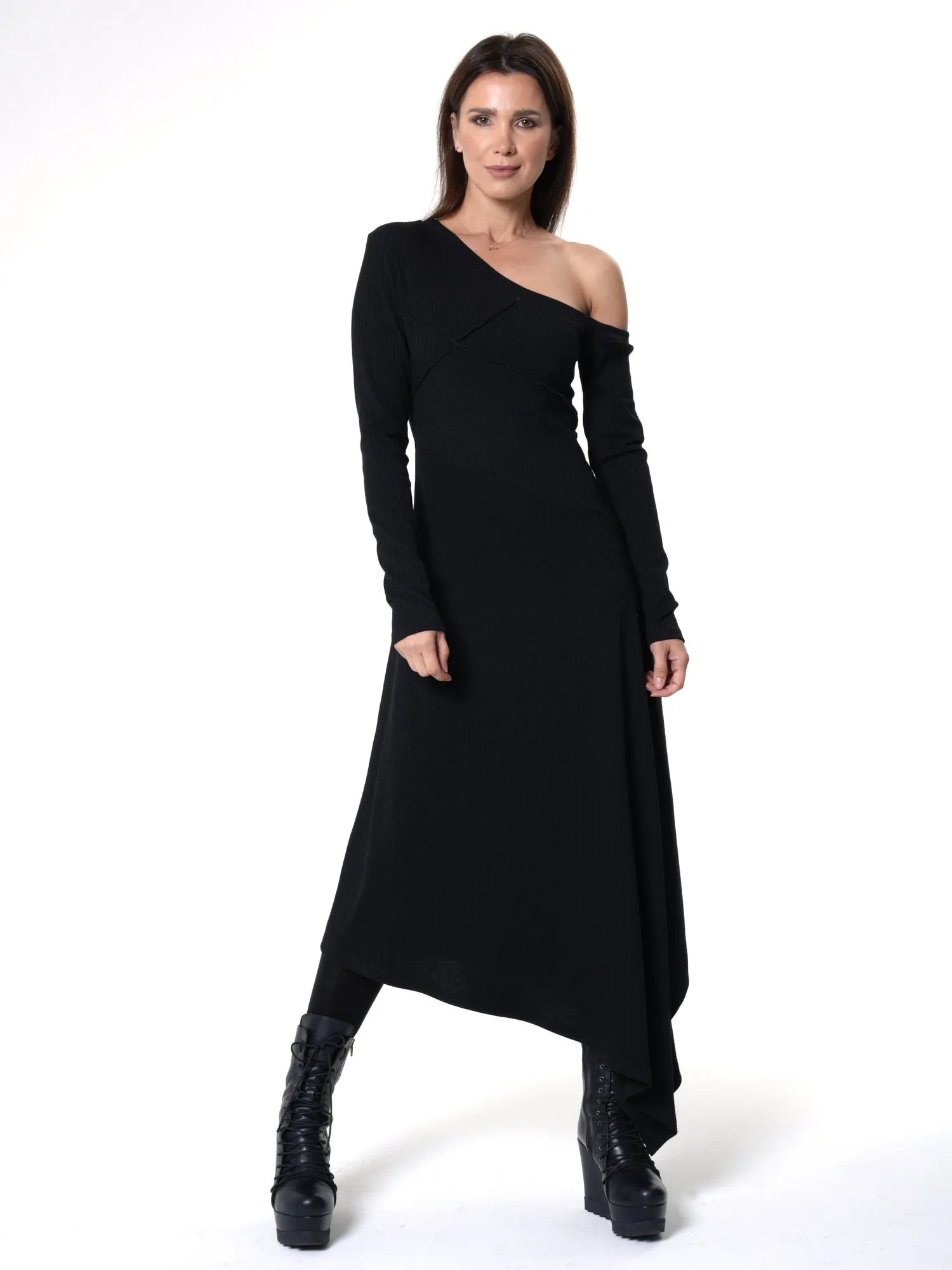 Cold Shoulder Asymmetric Dress In Black