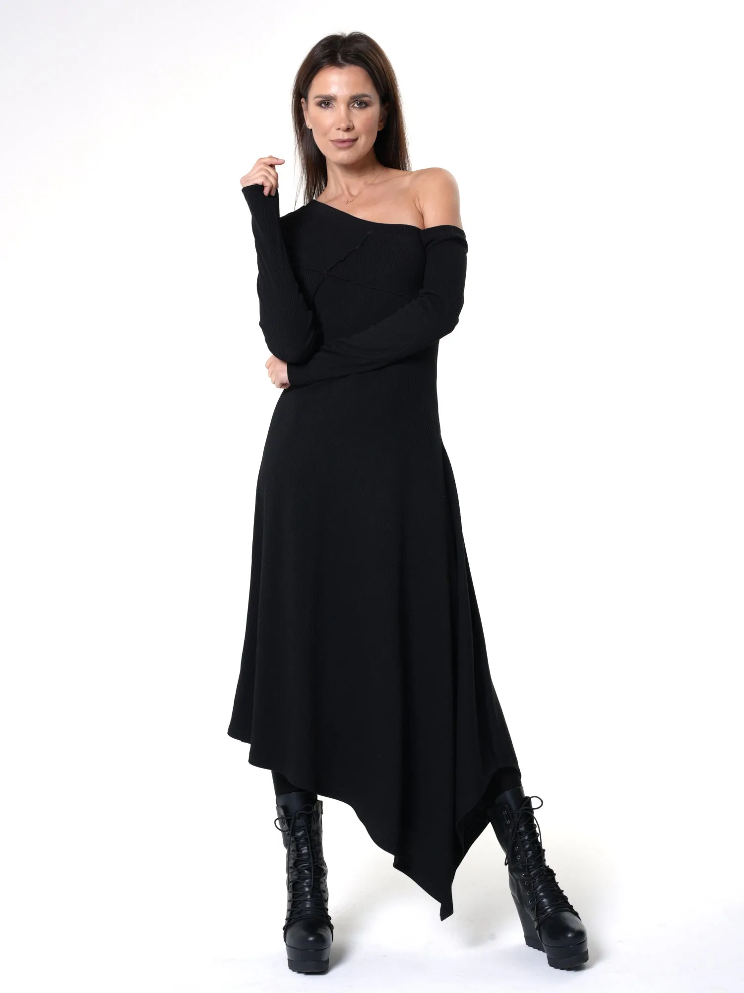 Cold Shoulder Asymmetric Dress In Black