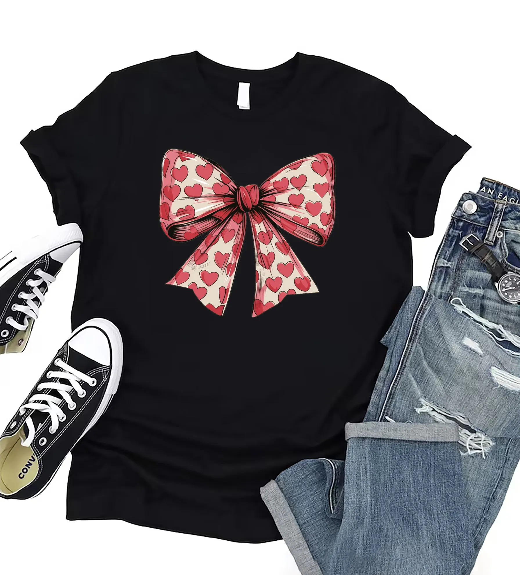 Coquette Valentine's Day Heart Bow Short Sleeve T-Shirt, Valentine's Day Bow Shirt