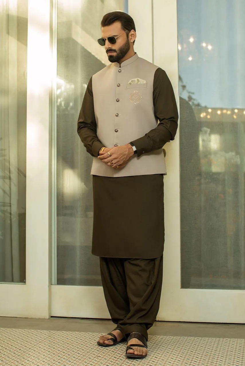 Deepak Perwani - Beige Waist Coat with Greenish Brown Boski Linen Kurta Shalwar - 3 Piece