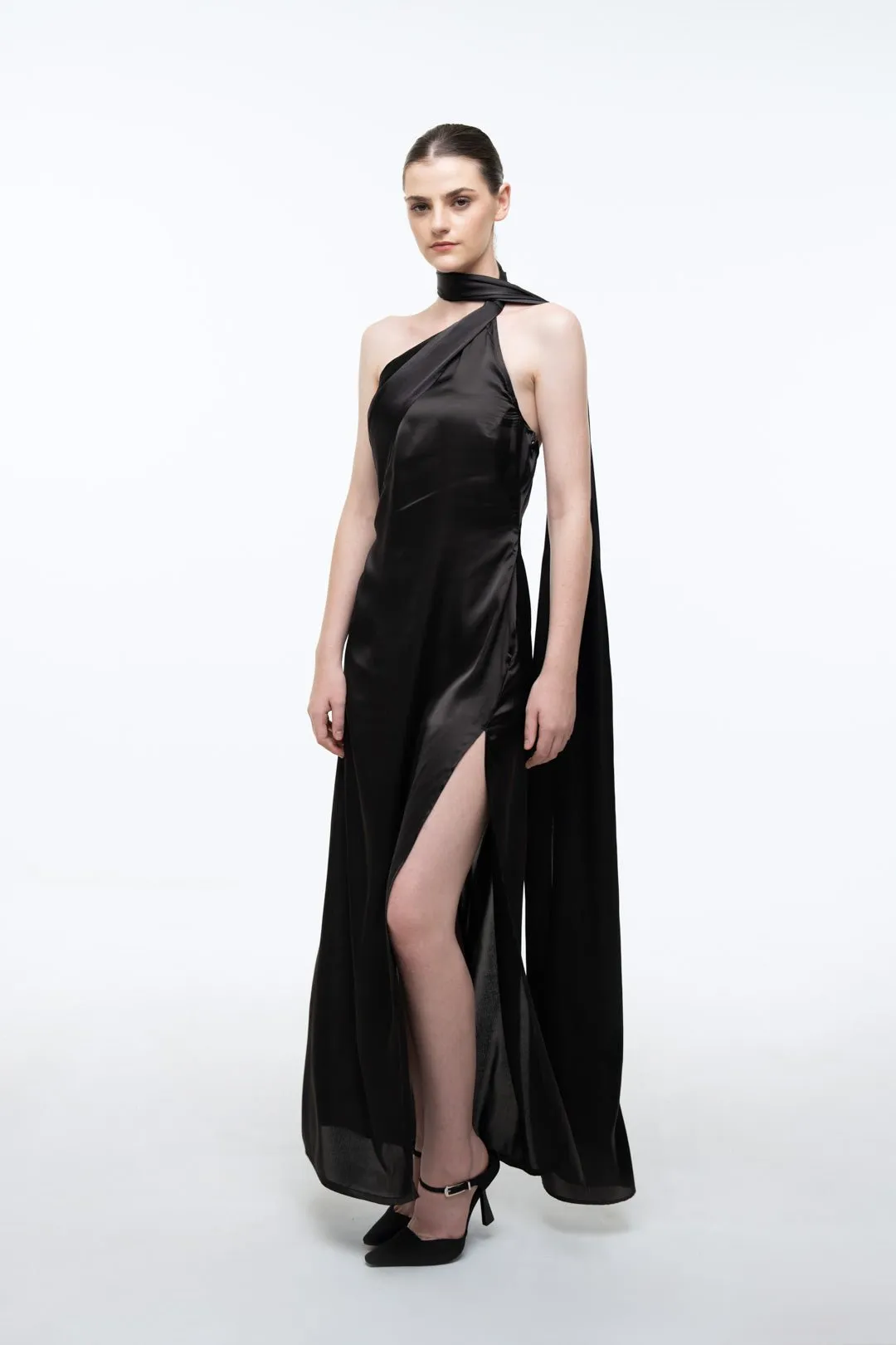 DRAPE SHAWL-NECK DRESS