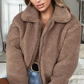 Fashionable Light Brown Warm Fleece Fur Bomber Jacket