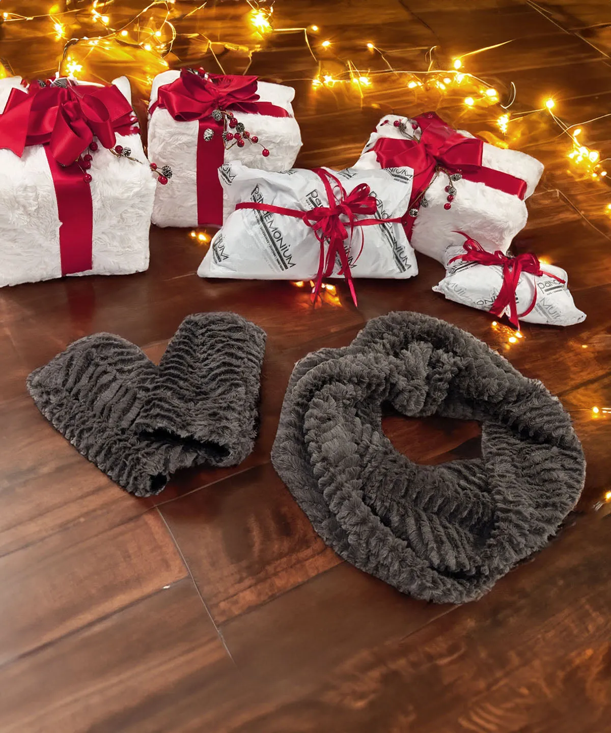 Faux Fur Gift Set - Infinity Scarf and Fingerless Gloves in Gray Chevron