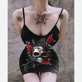 Gothic Skull Rose Printed Body Dress, Elegant Shape Out Sleeveless Minidress For Women