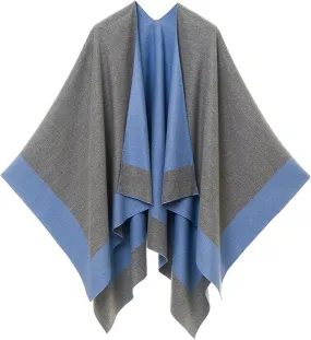 Gray-Blue Luxurious Knit Sweater Poncho Cardigan