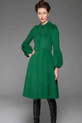 Green Wool Coat Warm Winter Coat With Single-Breasted at Sleeves and Adjustable Waist With String (1417)