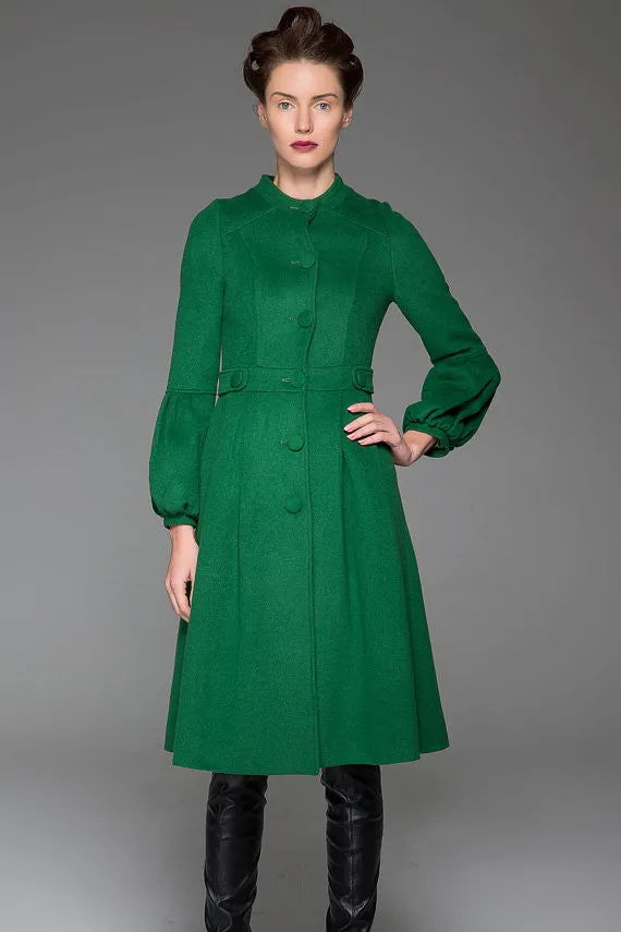 Green Wool Coat Warm Winter Coat With Single-Breasted at Sleeves and Adjustable Waist With String (1417)