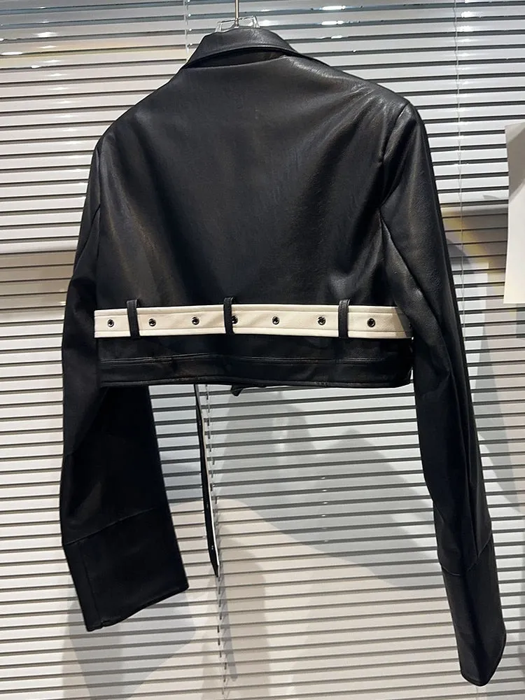 Hit Color Leather Jackwts For Women Lapel Long Sleeve Patchwork Belt Streetwear Casual Jacket Female Fashion