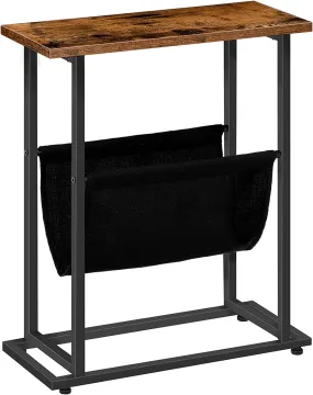 Industrial Side Table with Metal Frame and Magazine Holder