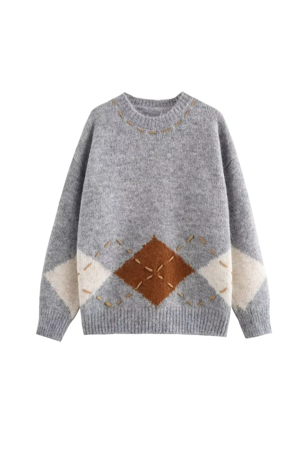 'Iris' Diamond-Knit Round-Neck Long-Sleeve Sweater