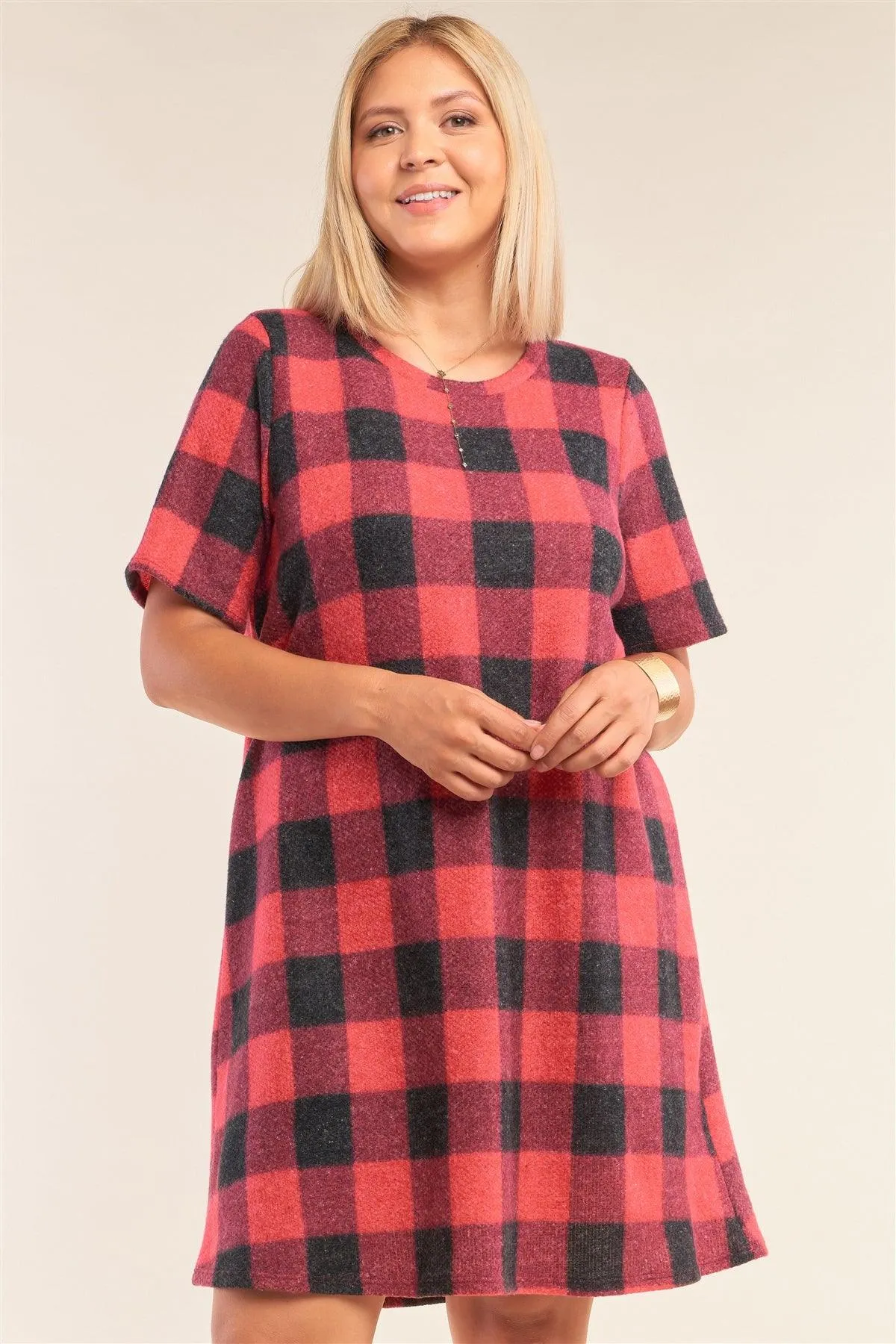 Junior Plus Size Red Checkered Round Neck Short Sleeve Sweater Mini Dress /2-2-1-1