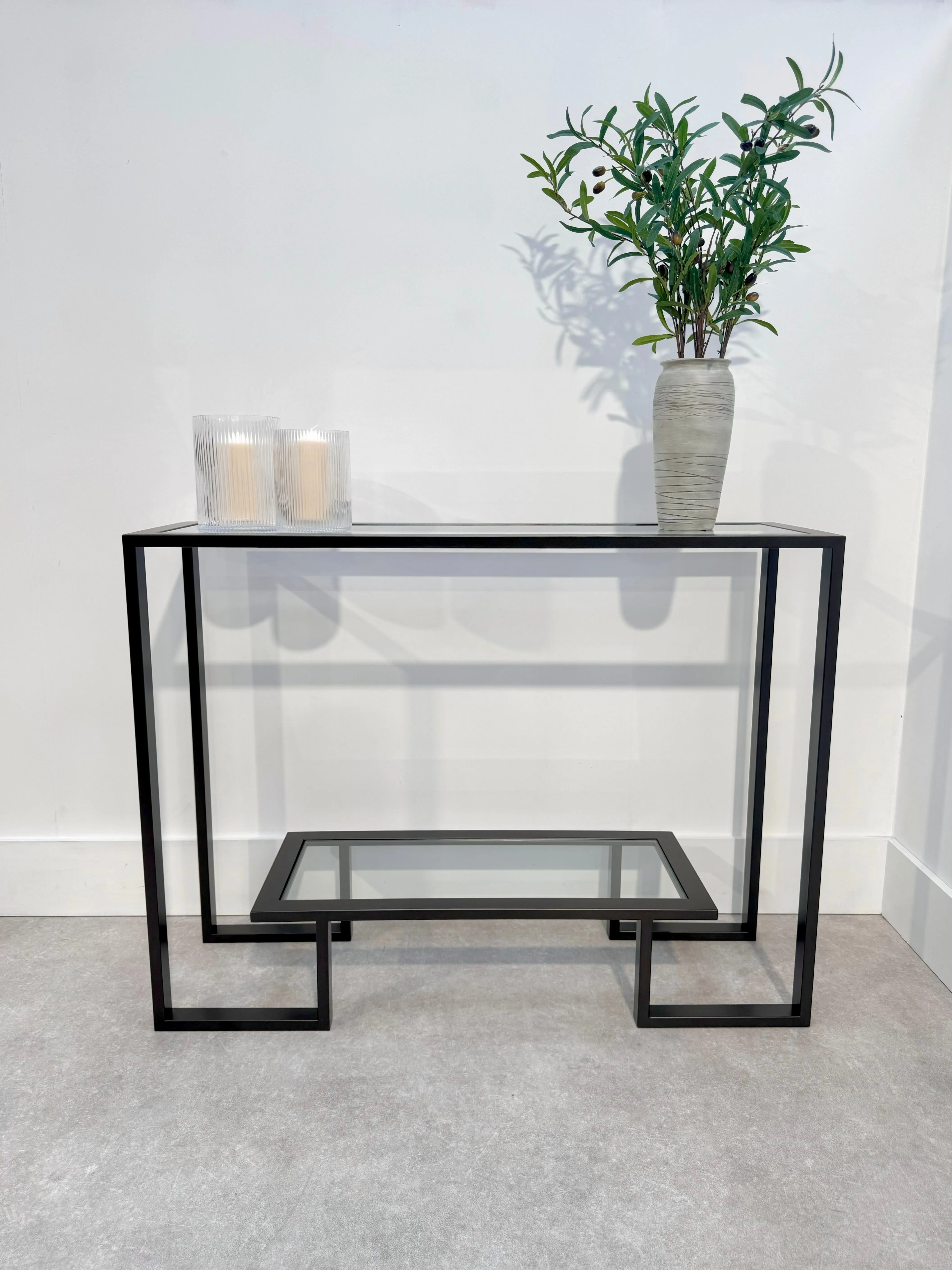 Kinsley Glass Metal Console Table - Dark Bronze