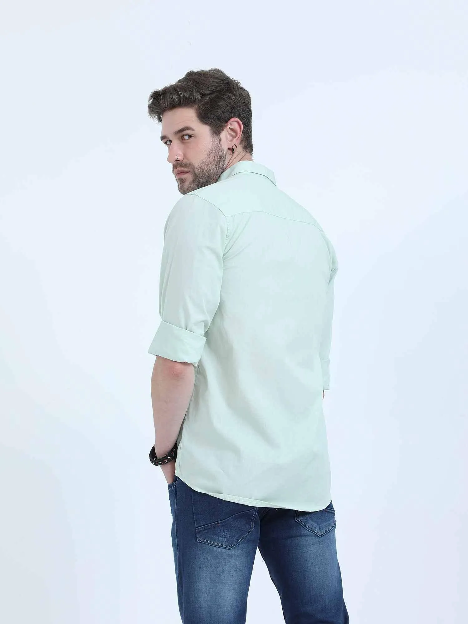 Light Green Solid Cotton Full Sleeve Shirt