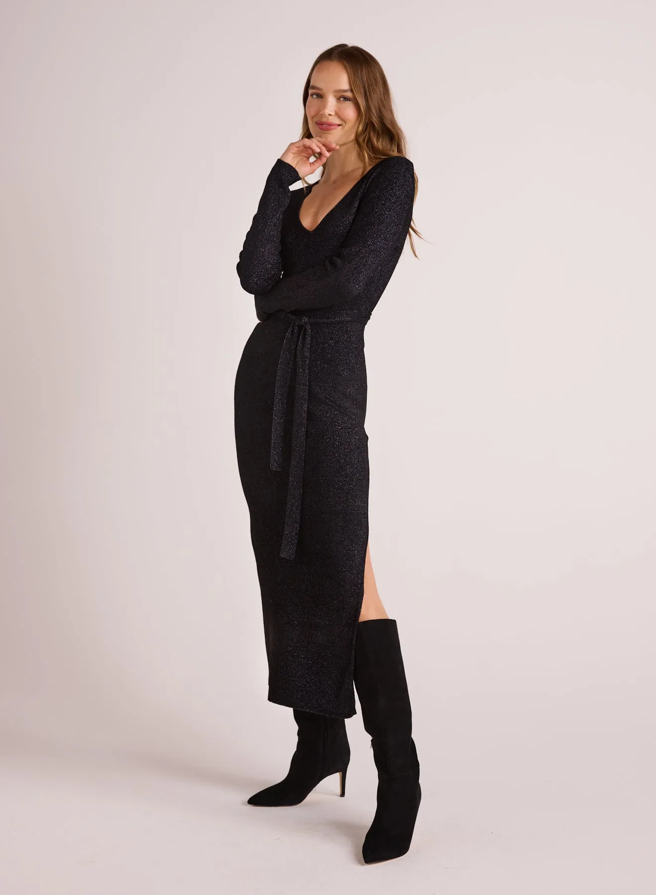 Long Sleeve Maxi Sweater Dress - Black with  Metallic