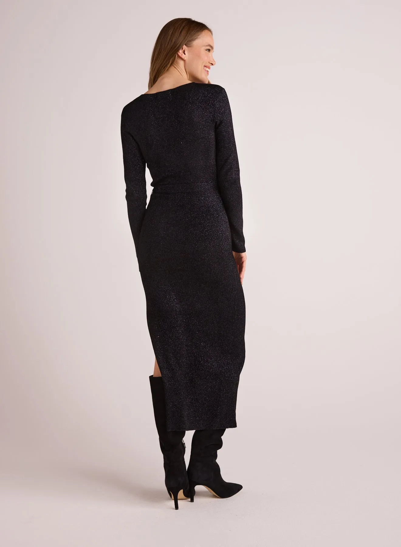 Long Sleeve Maxi Sweater Dress - Black with  Metallic