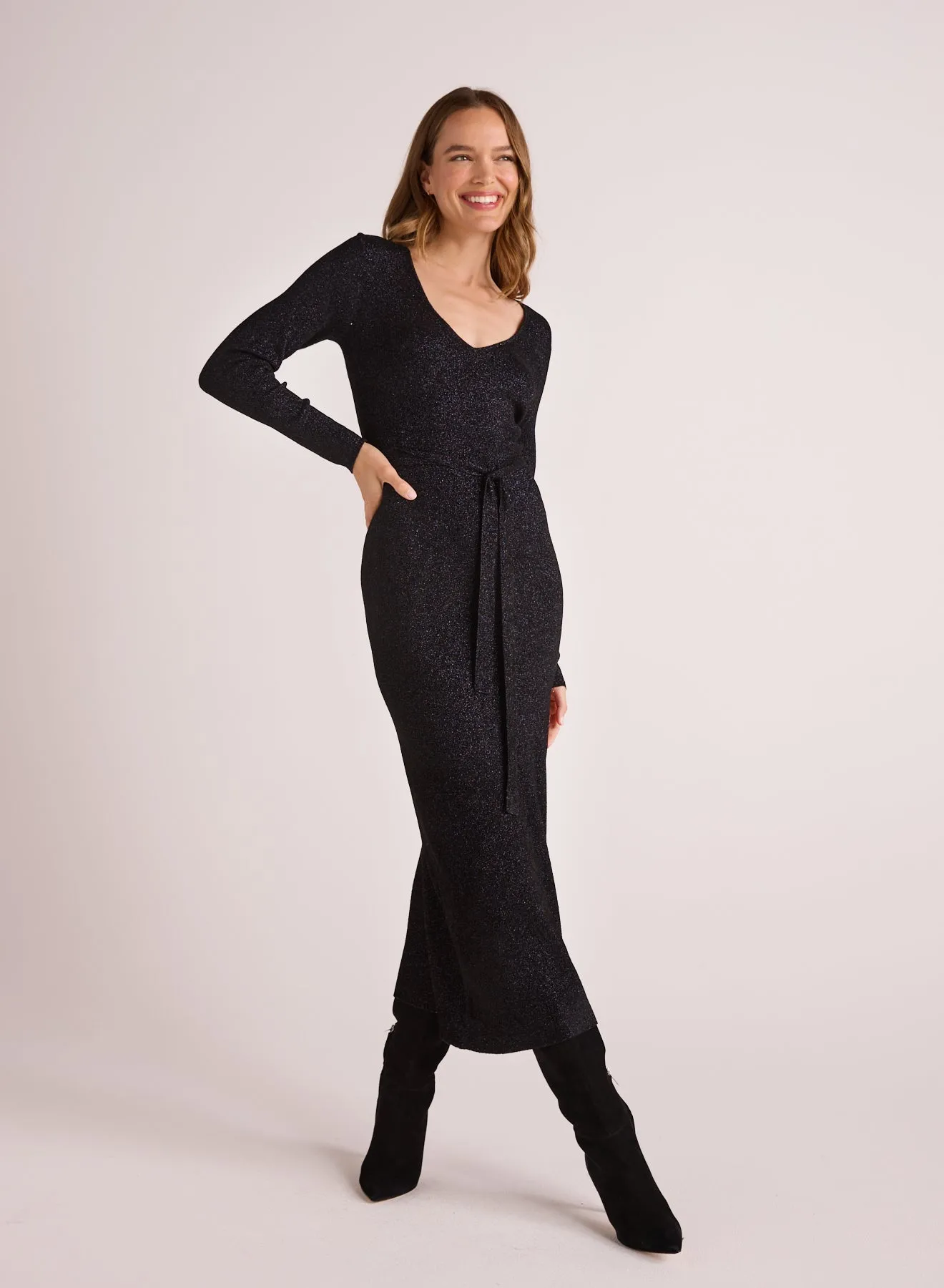 Long Sleeve Maxi Sweater Dress - Black with  Metallic